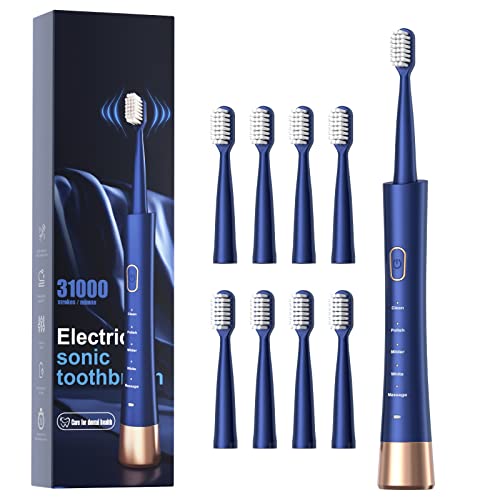 AJELU IPX7 Waterproof Sonic Electric Toothbrush, 2-Hour Fast Charge with Intelligent Time Reminder, 5 Modes, 8 Brush Heads, Travel, Indoor, Outdoor, Blue