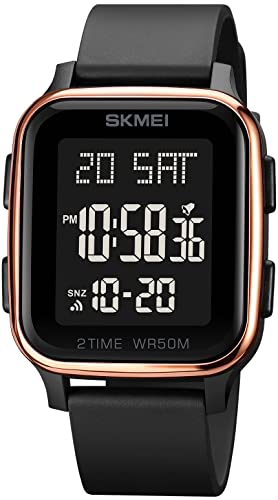 Gosasa Classic Square Face Unisex Women's Men's Digital Multifunction Outdoor Casual Watch Countdown 50M Waterproof Led Light Wristwatch (Rose Gold)