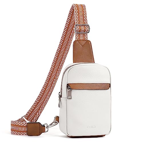 CLUCI Small Sling Bag for Women Crossbody Purse, Leather Fanny Packs with Guitar Strap, Cross Body Bag Women Off White with Brown