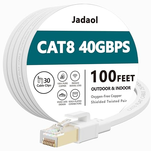 Cat8 Ethernet Cable, Outdoor&Indoor, 100FT Heavy Duty High Speed Cat 8 LAN Network Cable, 40Gbps 2000MHz RJ45 Flat Internet Computer Patch Cord, Weatherproof S/FTP UV Resistant for Router/Modem/Gaming