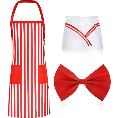 Haysandy 3 Pieces 1950s Adult Waiter Costume Kit Soda Jerk Costume Red and White Striped Apron Bib Aprons with 2 Pockets (Classic Style)