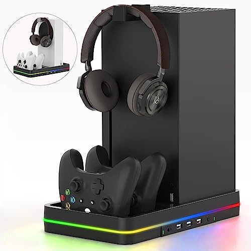 Dual Cooling Fan and Cooling Stand for Xbox Series X/S Console/Controller,Xbox Dual Controller Charger Station with RGB LED Light & 3 USB Ports,Xbox Series x accessories with 2 Headphone Hooks