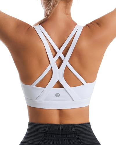 RUNNING GIRL Sports Bra for Women, Medium-High Support Criss-Cross Back Strappy Padded Sports Bras Supportive Workout Tops(2825 White L)
