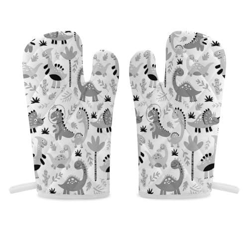 Cute Dinosaurs in Forest Retro Black White 2-Piece Kitchen Oven Gloves, Double Thickened Gloves with Hanging Loop Mittens for Men Women Home Cooking 11.8 x 5.5 inch