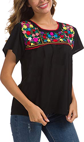 YZXDORWJ Womens Girls Embroidered Mexican Peasant Tops Mexican Bohemian Blouses (L, 290BK2)