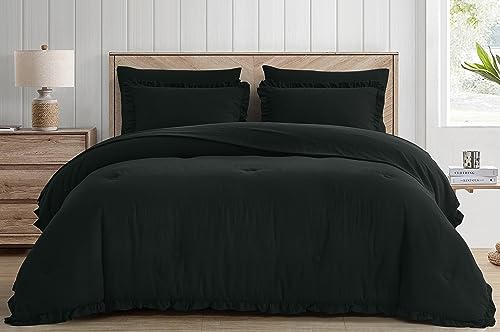 Chezmoi Collection Eleanora Queen Bed in a Bag 7-Pieces Ruffled Edge Trim Stone Washed Double Brushed Microfiber Comforter with Sheets Lightweight All Season Bedding Set (Queen, Black)