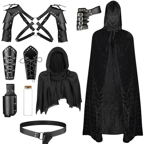 PLULON 9Pcs Medieval Knight Costume Men Hooded Cloak Retro Shawl PU Leather Belt Shoulder Armor Buckle Bracers Sword Frog Bottle Holder Cork Bottle Renaissance Accessories for Halloween Cosplay Party