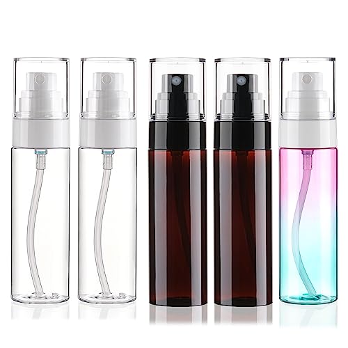 Fine Mist Spray Bottle Plastic Spray Bottles 2oz/60ml 5 Pack Makeup Setting Spray Bottle TSA Approved Empty Cosmetic Refillable Travel Bottle Containers Sprayer for Water,Perfume,Essential Oils,Skincare Makeup Lotion,Face & Hair Mist (Clear) (Multicolored-5pcs 60ml)