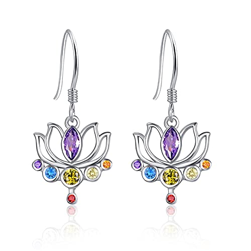 TANGPOET Chakra Earrings Sterling Silver Lotus Flower Dangle Drop Earrings Healing Jewelry Gifts for Women Teen Girls