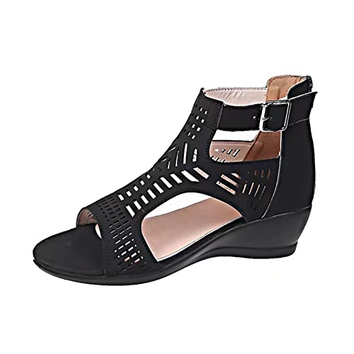 JEUROT Women's Open Toe Platform Sandals Casual Ankle Strap Slip On Wedge Sandal T Strap Back Zipper Mid Heels Pumps Summer Dress Cutout Shoes