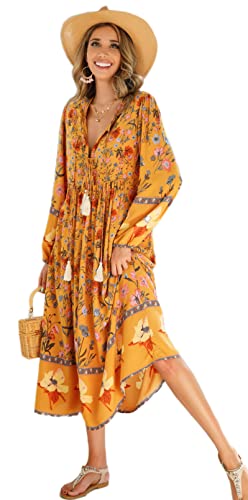 R.Vivimos Women's Long Sleeve Floral Print Retro V Neck Tassel Bohemian Midi Dresses (XL, Goldenrod)