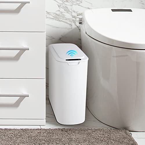Cesun Automatic Motion Sensor Bathroom Trash Can with Lid, 2.6 Gallon Touchless Trash Bin, Smart Plastic Slim Garbage Can Small White Wastebasket for Toilet, Office, rv, Bedroom, Living Room
