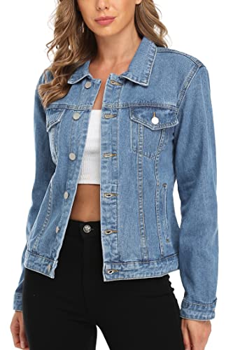 MISS MOLY Women's Denim Jackets Casual Long Sleeve Jean Jacket with Pockets Blue M