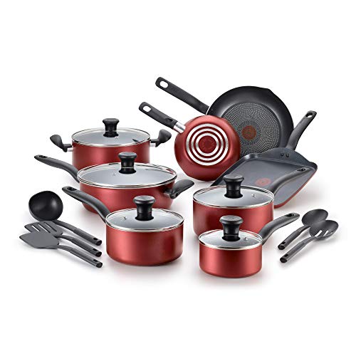 T-fal Initiatives Nonstick Cookware Set 18 Piece Oven Safe 350F Pots and Pans, Dishwasher Safe Red