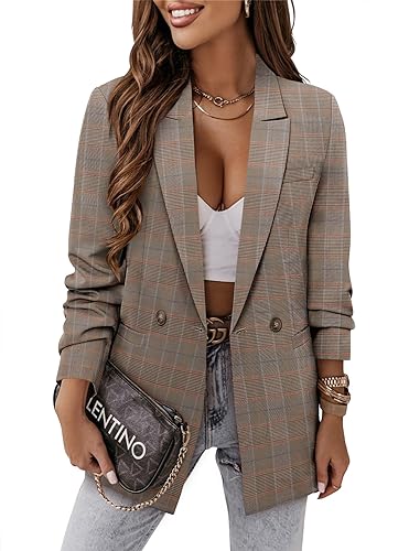 CRAZY GRID Women Business Casual Blazer Jacket Fashion Work Professional Suit Jacket Ladies Dressy Buttons Formal Office Blazer L Brown Plaid