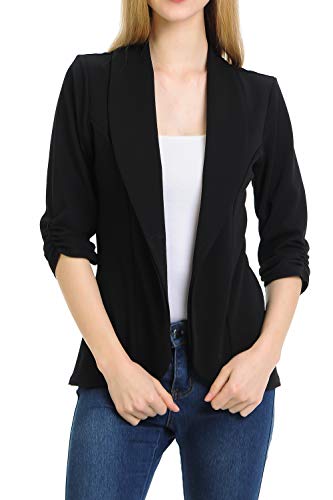 MINEFREE Women's 3/4 Ruched Sleeve Lightweight Work Office Blazer Jacket Black 1XL