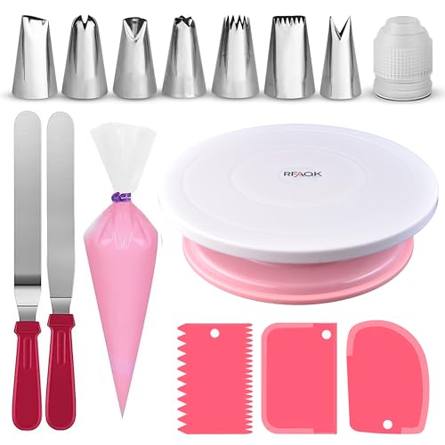 RFAQK 35PCs Cake Turntable and Leveler-Rotating Cake Stand with Non Slip pad-7 Icing Tips and 20 Bags- Straight & Offset Spatula-3 Scraper Set -EBook-Cake Decorating Supplies Kit -Baking Tools