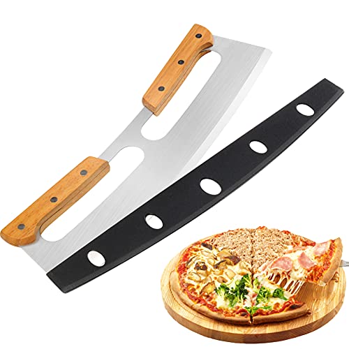 ZOCY Pizza Cutter Rocker with Wooden Handles & Protective Cover, 14' Sharp Stainless Steel Pizza Slicer Wheel, Big Pizza Knife Cutters for Kitchen Tool (14inch)