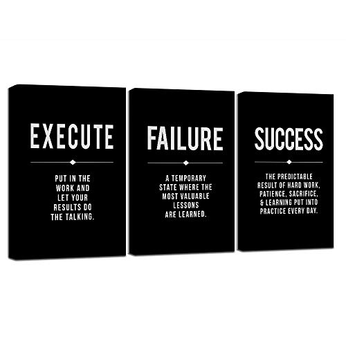 Framed Canvas Wall Art Success Quote For Office, Black Large Positive Motivational Poster, Set of 3, Execute Failure Definition, Inspirational Print (A-3pcs,12x16inchx3pcs)