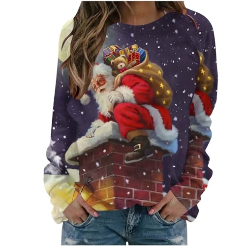 90 off sale clearance Women's Christmas Long Sleeve Crewneck Shirt Funny Letter Print Sweatshirt Casual T- Shirt Blouse Tops Y2K Clothes christmas sweater girls 10-12 Navy L