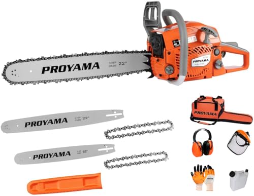 PROYAMA 62CC 2-Cycle Gas Powered Chainsaw, 22 Inch 18 Inch Handheld Cordless Petrol Chain Saw for Tree Wood Cutting
