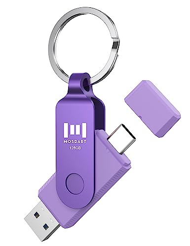 MOSDART 128GB USB C Dual Flash Drive Speed Up to 150MB/s with Keychain - 2 in 1 OTG USB 3.1 Type-C Thumb Drive Memory Stick for USB-C Android Phones, iPhone 15, MacBook, iPad, Computers, etc. Purple