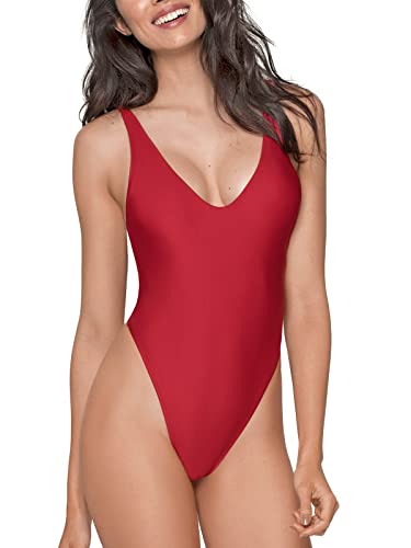 RELLECIGA Women's Matte Red High Cut Low Back One Piece Swimwear Bathing Suits Size Medium