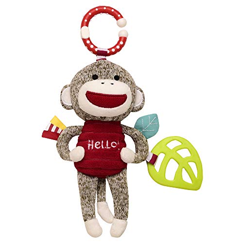Baby Starters Sock Monkey Crinkle, Rattle, Squeak Plush with Travel Hook, 9 inch