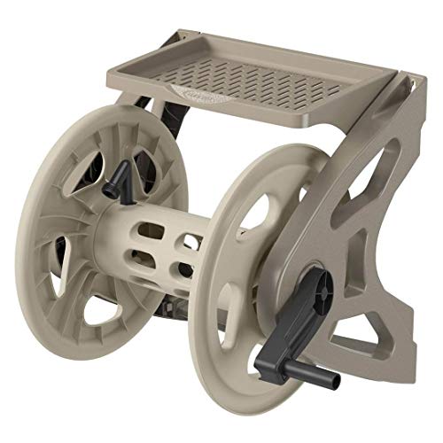 Suncast Handler Durable Hard Plastic Wall Mounted Outdoor Retractable Garden Hose Reel with Storage Tray and 200 Feet Hose Capacity, Taupe