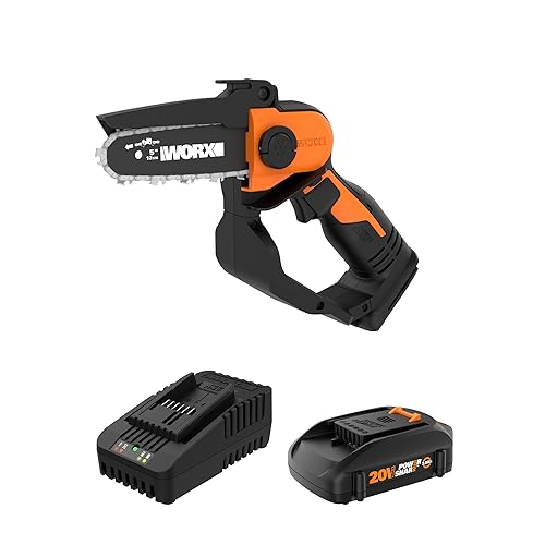 Worx 20V 5' Mini Cordless Chainsaw, 3.9 lbs, 22 ft/s Chain Speed, Power Share Battery, Upper & Hand Guard - Battery & Charger Included