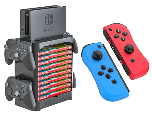 Skywin Game Storage Tower and Controllers For Nintendo Switch - Game Holder Game Disk Rack Organizer with Left & Right Controller Compatible with Nintendo Switch