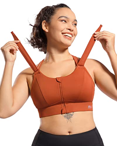 VFUS Sports Bras Adjustable Zip Front High Impact for Women Full Coverage Removable Padded (X-Large, Caramel)