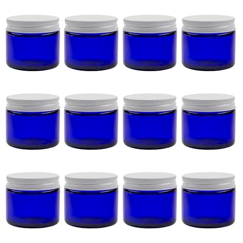 Cornucopia 2oz Cobalt Blue Glass Jars w/Metal Lids (12 Pack); Straight Sided Containers for Creams, Cosmetics, Lotions and More