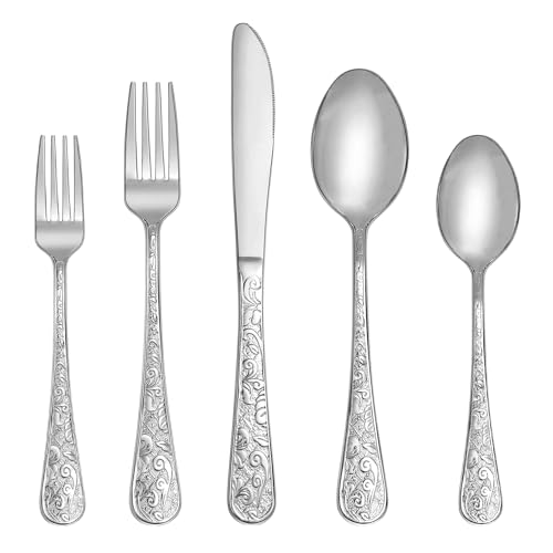 Runfly Vintage Carved Stainless Steel 20 Pieces Flatware Set, Silverware Set, Modern Embossed Cutlery Set Utensils Including Fork Spoon and Knife