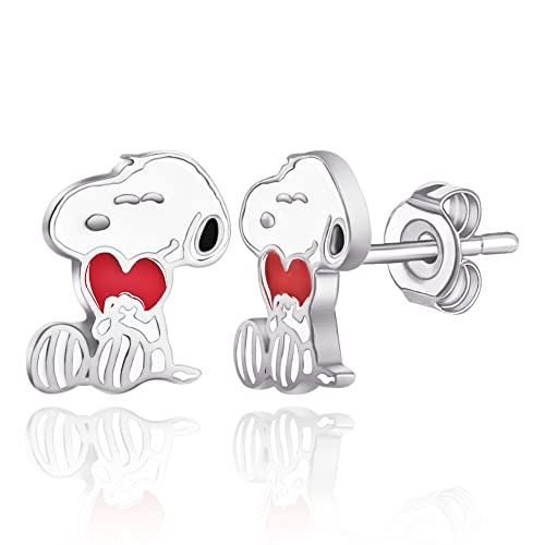 Peanuts Womens Snoopy Heart Earrings - Silver Plate and Enamel Snoopy Stud Earrings with Heart - Officially Licensed