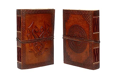 Antique Leather Journal, Leather Bound Writing pad, Dragon Embossed Blank Unlined Paper Notebook for Travel, Office, Thoughts, Sketching with Wraparound Tie, Gift for Men and Women, Brown 7X5 Inches
