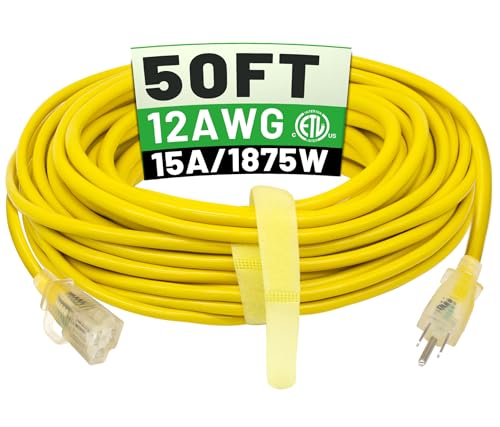 POWGRN 50 ft 12/3 Outdoor Extension Cord Waterproof Heavy Duty with Lighted Indicator End 12 Gauge 3 Prong, Flexible Cold-Resistant Long Power Cord Outside, 15Amp 1875W SJTW Yellow ETL Listed