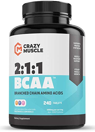 Crazy Muscle 3000mg BCAA Pills (2 Month Supply) with The Optimum 2:1:1 Ratio of Branched Chain Amino Acids for Recovery and Growth - 1000mg BCAAs per Pill (More Than BCAA Capsules) - 240 Tablets