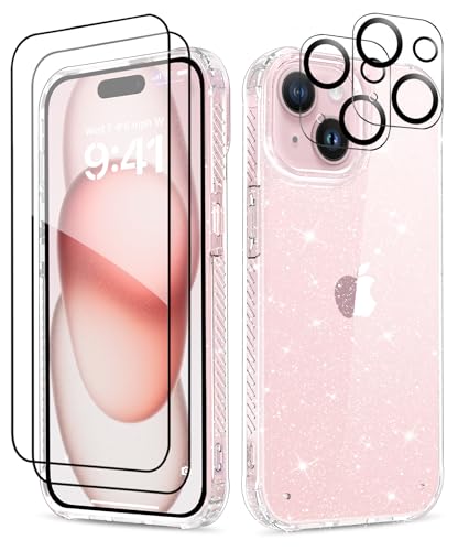 MIODIK for iPhone 15 Plus Case, with 2Pcs Screen Protectors + 2Pcs Camera Lens Protectors, [Not Yellowing] Clear Glitter Phone Case, Protective Shockproof Women Girls Cover - Sparkle Clear