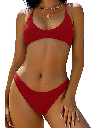 ZAFUL Women's Tie Back Padded High Cut Bralette Bikini Set Two Piece Swimsuit (1-Red, M)