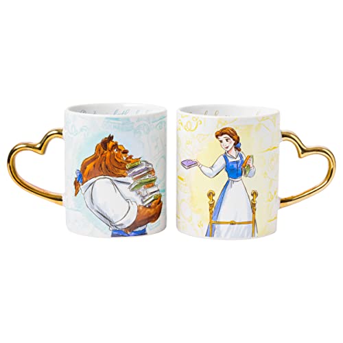 Silver Buffalo Disney Princess Beauty and the Beast Don't Mind the Books Gold Heart Shaped Handle 2 Pack Ceramic Mug Set, 14 Ounces