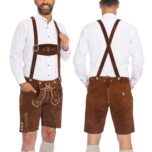 BAVARIA TRACHTEN Lederhosen Men - Genuine Leather Authentic German Lederhosen for Men - Leiderhausen for Men - German Leather Pants - Dark Brown - Short