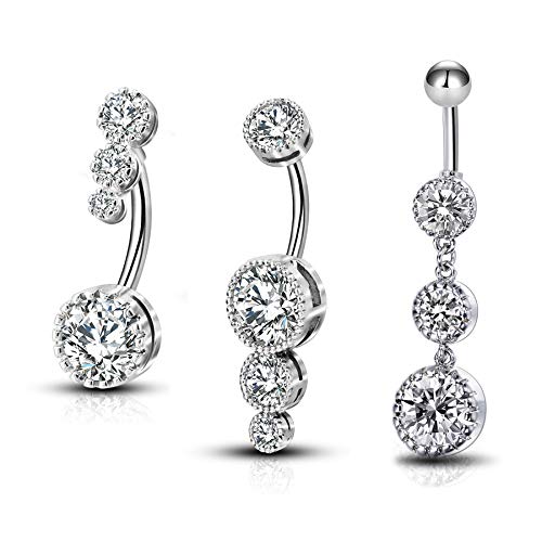 OUFER 3PCS Belly Button Rings Clear CZ 316L Surgical Steel Belly Rings Dangle Navel Rings Belly Rings Belly Piercing Jewelry