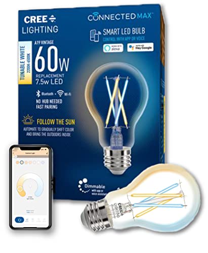 Cree Lighting Connected Max Smart Led Vintage Glass Filament Bulb A19 60W Tunable White, 2.4 Ghz, Works With Alexa And Google Home, No Hub Required, Bluetooth + Wifi, 1Pk (Cma19-60W-Al-9Tw-Gl)
