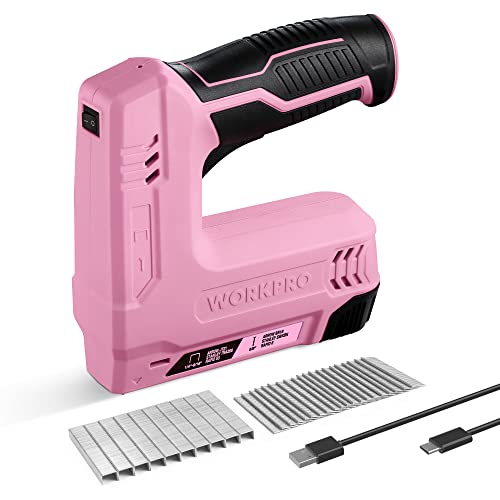 WORKPRO 3.6V Power Electric Cordless 2-in-1 Staple and Nail Gun, 2.0Ah Battery Powered Stapler for Upholstery, Crafts, DIY, Including USB Charger Cable, 2000PCS of Staples and Nails - Pink Ribbon