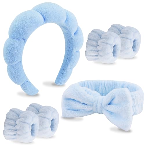 VELSCRUN 6 Pack Spa Headband, Makeup Headband, Face Wash Headband, Skincare Headbands, Blue Sponge Hair Band Bow Tie Spa Headband for Washing Face Wristband Set Hair Accessories for Women Gifts