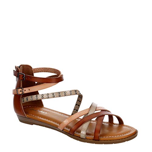 Limelight Vanya - Womens Open Toe Zip Up Gladiator Low Heel Ankle Strap Sandal Flat Brown, Size 8.5 Medium Width