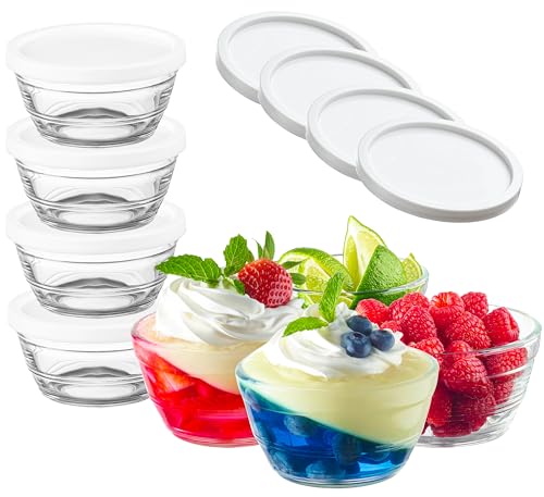 16pc Set of Small Glass Bowls with Airtight Lids - 8oz. Stackable Custard Cups - Includes 8 Clear Mise en Place Food Prep & Mixing Bowls, & 8 Lids for Dips, Nuts, Oats, Candy, Sauces, Dessert, Cereal.