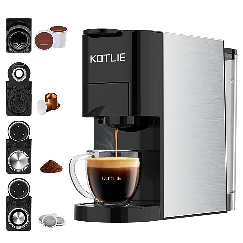 KOTLIE Single Serve Coffee Maker,4in1 Espresso Machine for Nespresso original/K cups/L'OR/Ground Coffee/illy Coffee ESE,19Bar Espresso Maker,1450W Fast Heat Coffee Machine(Black)