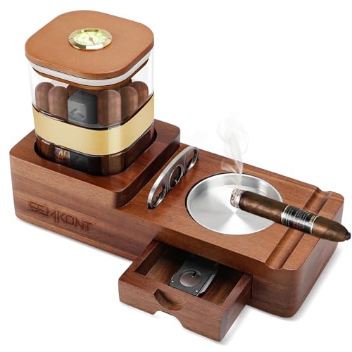 SEMKONT Cigar Humidor and Cigar Ashtray Set, Wooden Ashtray with Cigar Jar Tray,Cigar Cutter Holder,Drawer,Cigar Slot and Cigar Cutter, Home,Office,Bar and Outdoor Cigar Accessories for Men